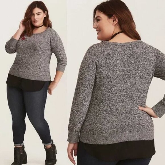 Torrid Black‎ White Marled Rose Embroidered Sweater Size Large Pullover Knit 00 - Picture 1 of 7